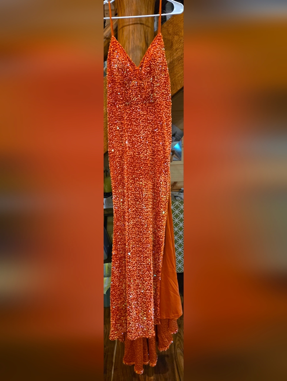 Orange Sequin V-Neck Evening Gown
